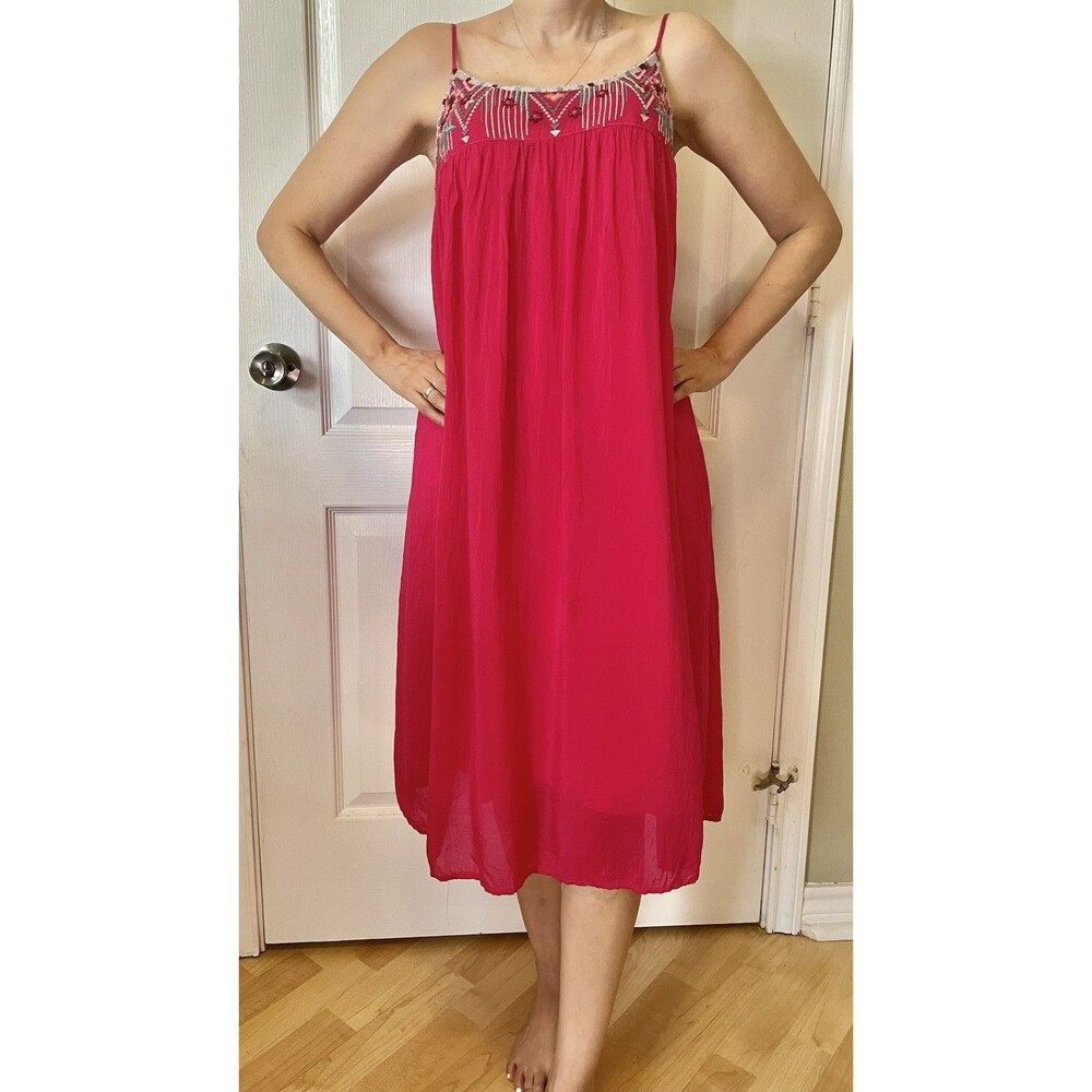 Johnny Was Embroidered Slip Sun Dress Size XS Hot Pink Lined